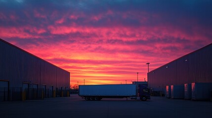 Fototapeta premium A truck parked in an industrial area under a vibrant sunset sky.