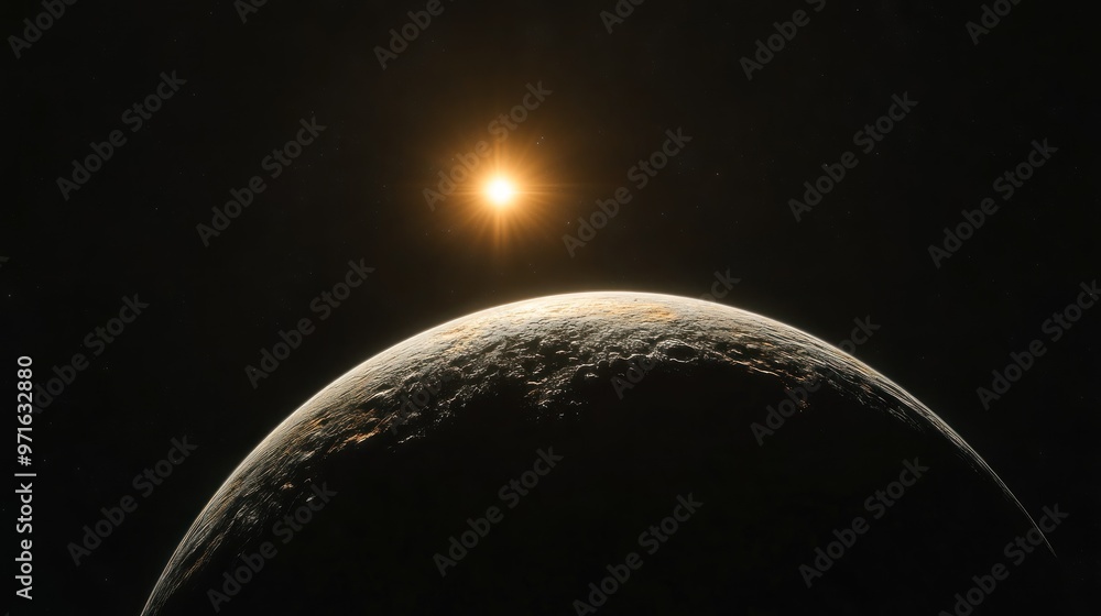 Poster a celestial view of a planet with a star shining in the background.