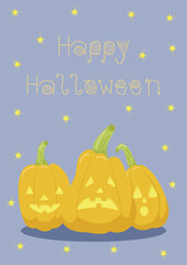 Halloween card with three yellow pumpkins on a blue background with stars. Happy halloween postcard design. Halloween for kids. Vector illustration in flat style for posters, banners, postcards.