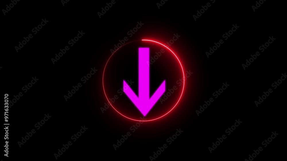 Poster directional arrow icon within neon circle animation on isolated black background ,down arrow.