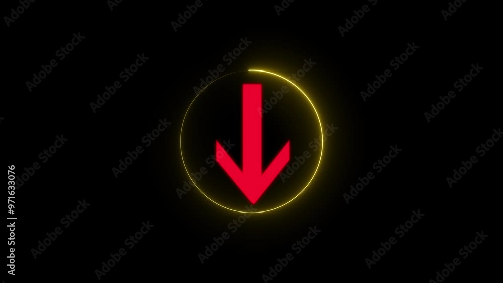 Poster directional arrow icon within neon circle animation on isolated black background ,down arrow.