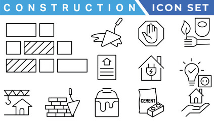 construction simple line isolated icon collection. Editable Stroke. Repair, Renovation, Work Tools, Materials