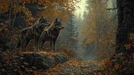   A painting of two wolves standing in a forest with leafy ground and tree backgrounds