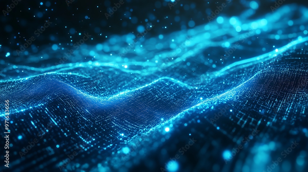 Poster glowing blue digital waves flow in a dark space, creating a mesmerizing abstract visual effect at ni