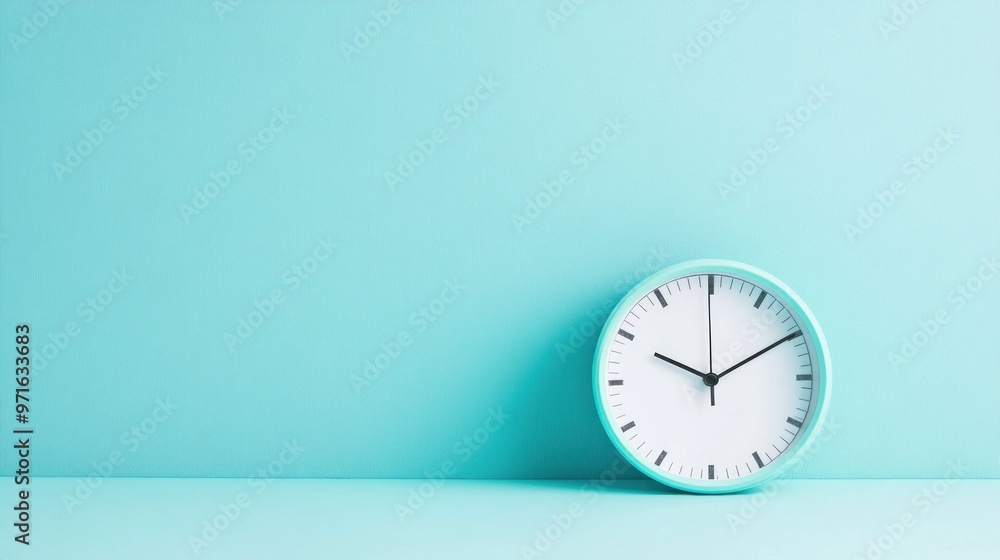 Poster a minimalist clock against a turquoise background, emphasizing time and simplicity.