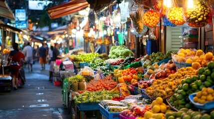 Obraz premium A vibrant market scene filled with fresh fruits and vegetables, bustling with activity.