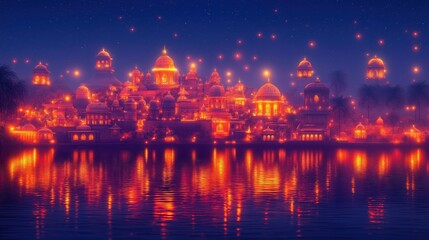 Obraz premium A cityscape illuminated by Diwali lights, with temples and homes glowing in the night