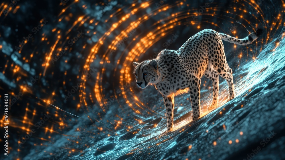Poster a stylized cheetah stands amidst swirling lights, creating a dynamic and captivating scene.