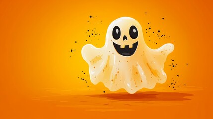 Obraz premium Halloween ghost, cute illustration of floating white ghost on orange background. Celebration. October. Trick or treat.