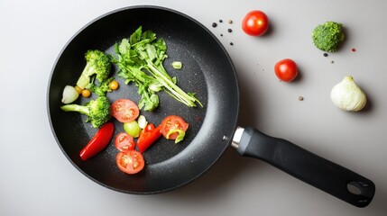 photo of a frying pan on which vegetables fly up while cooking