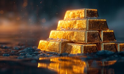 Polished gold bars neatly stacked, shining brilliantly on a dark, reflective surface