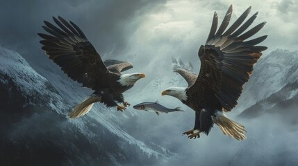 Obraz premium Two Bald Eagles Soaring Over Snow-Covered Mountains With Fish