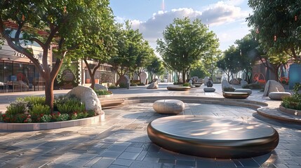 Obraz premium A smart city plaza with interactive public art installations and augmented reality experiences, highly detailed, photorealistic