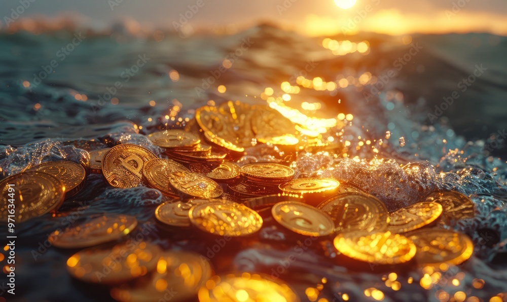 Poster create an image of gold coins rushing in waves, as realistically as possible