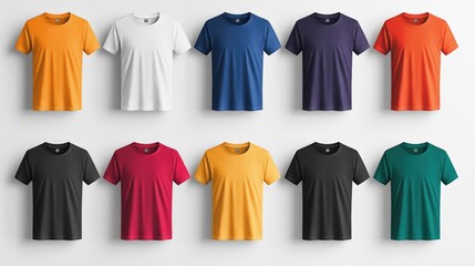 Collection of men's colorful T-shirt templates featuring various designs and styles for fashion, casual wear, and branding. Vector set ideal for apparel design projects. AI generated illustration.
