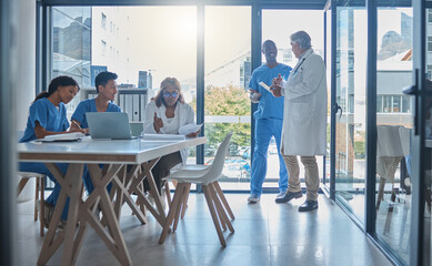 Medical, team and people in meeting in boardroom for healthcare planning, health management and...