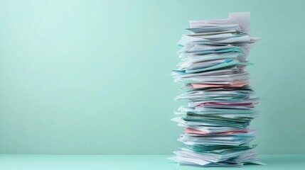 A tall stack of assorted papers against a mint green background.
