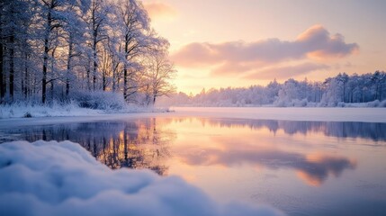 Fototapeta premium Serene winter landscape with trees, snowy ground, and a tranquil river reflecting a colorful sky.