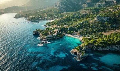 Spain, Balearic Islands, Portde Valldemossa, Aerial panorama of coastline of Majorca island