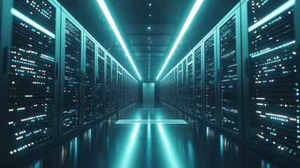 Fototapeta premium A futuristic data center with illuminated server racks and sleek flooring.