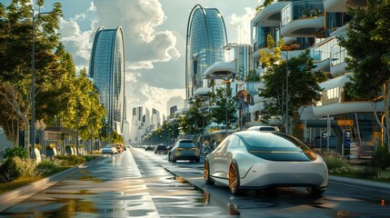 Obraz premium An advanced urban environment showcasing mobility innovation hubs with 5G connectivity and electric vehicle charging stations, highly detailed, photorealistic