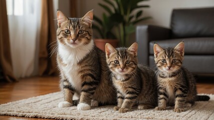 Obraz premium A mother cat playing with her kittens on a cozy living room rug