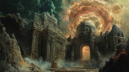 Ancient Stone Gateway Leading to a Cosmic Vortex