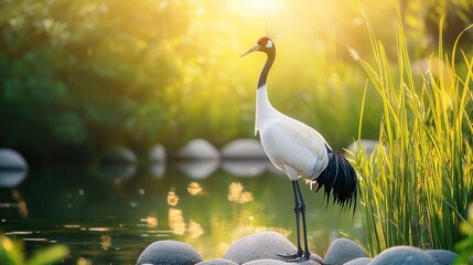Naklejka premium A bird perched on a rock beside water with grass and rocks in the foreground, and sunlight filtering through the trees behind