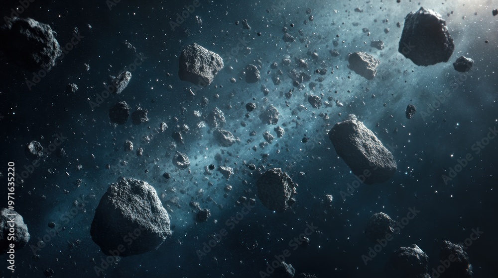 Poster a vast expanse of space filled with asteroids floating amidst a starry background.