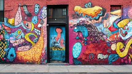 Vibrant street art featuring abstract designs and colors on a brick wall.