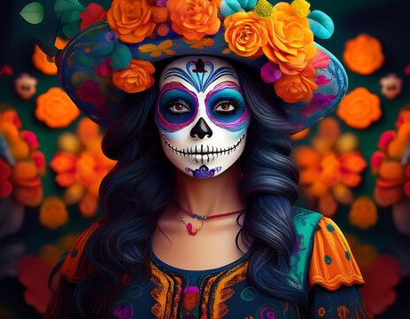  Day of the Dead girl costume with colorful skull makeup, part of a scary Mexican celebr_1(324)
