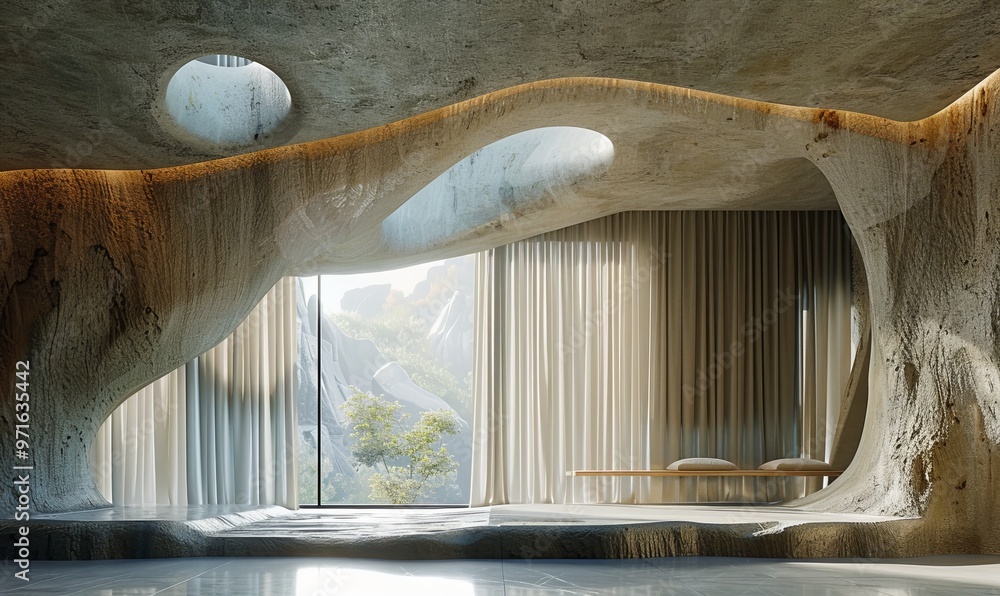 Poster window with curtains in a building made from natural and sustainable materials designed to look like