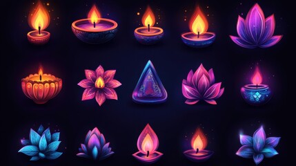 A collection of Diwali vector icons, including fireworks, diyas, and traditional Indian symbols
