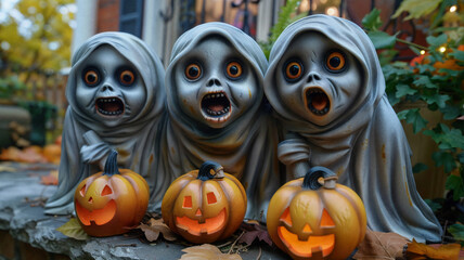 Three spooky ghost figures with wide eyes and open mouths, sitting behind glowing jack-o'-lanterns on a porch surrounded by autumn leaves, creating a fun and eerie Halloween display