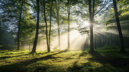 Obraz premium A serene forest scene with sunlight filtering through trees, creating a tranquil atmosphere.