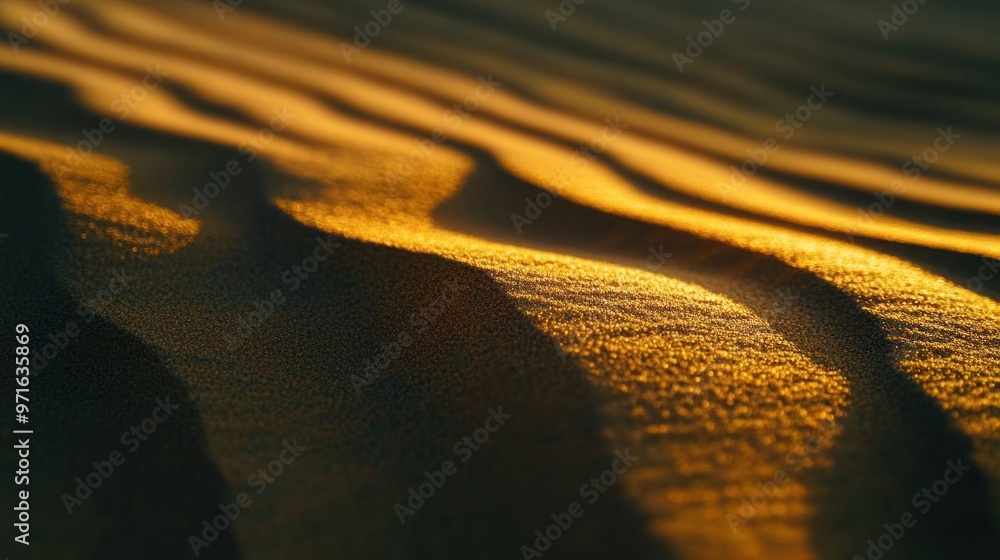 Poster a close-up view of undulating sand dunes illuminated by warm light, showcasing natural patterns.