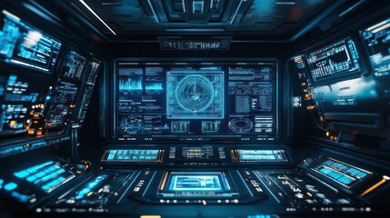Fototapeta premium Futuristic control room with advanced displays and interfaces for data analysis.