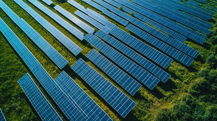 Aerial view of a large solar farm with numerous solar panels arranged in neat rows