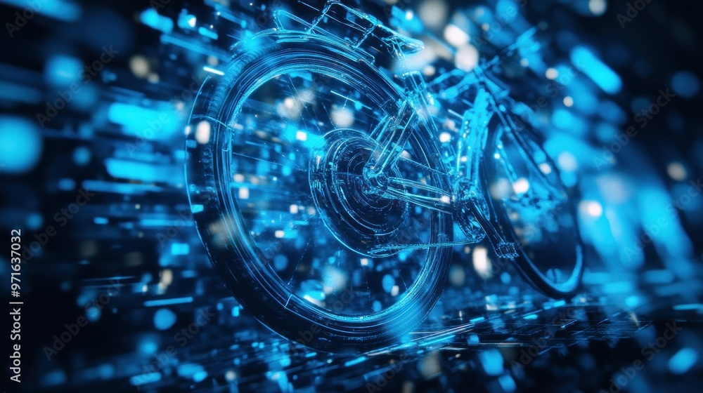 Poster a digital representation of a bicycle, emphasizing speed and technology through motion effects.