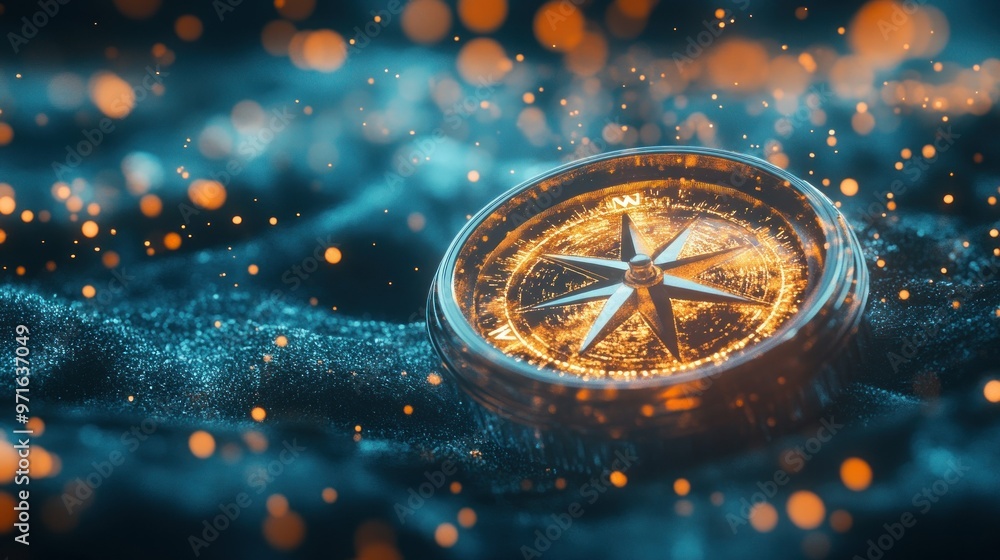 Poster a glowing compass resting on a textured surface, surrounded by shimmering particles.