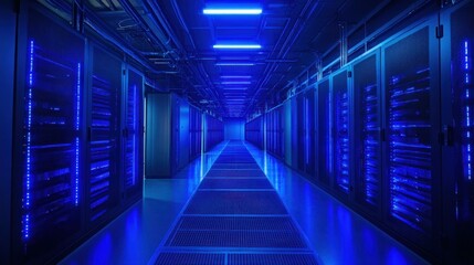 A dimly lit data center corridor with blue lighting illuminating server racks.