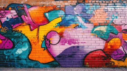Fototapeta premium Vibrant street art mural featuring colorful abstract shapes and graffiti styles.