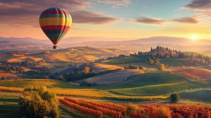 Fototapeta premium Sunrise over Tuscan Vineyards with Hot Air Balloon