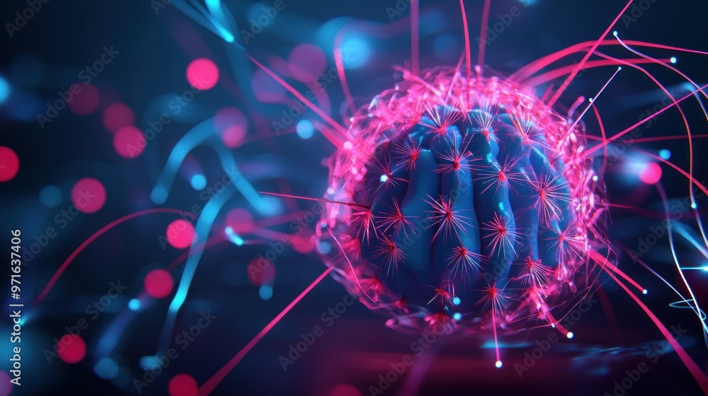 Poster abstract representation of a neural network with vibrant colors and energy connections.