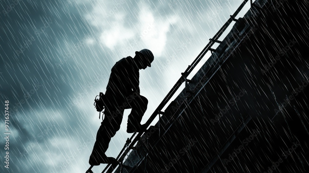 Poster A silhouetted worker climbs a ladder in the rain, showcasing determination in harsh conditions.