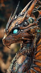 A stunning cyber dragon crafted from metal showcasing gleaming eyes and unique designs