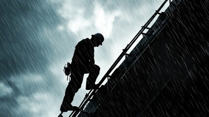 A silhouetted worker climbs a ladder in the rain, showcasing determination in harsh conditions.