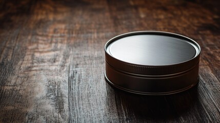 A metallic tin canister on a wooden surface, showcasing a sleek, minimalist design.