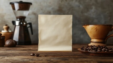 A blank note sits on a rustic table with coffee beans and equipment in the background.
