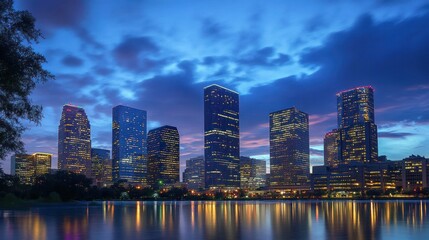 Fototapeta premium A city skyline at dusk, reflecting in water with illuminated buildings and a colorful sky.